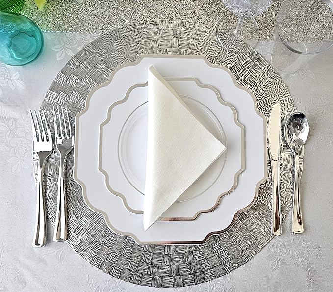 " OCCASIONS " 80 Plates Pack,(40 Guests) Heavyweight Wedding Party Disposable Plastic Plates Set -40 x 10.5'' Dinner + 40 x 8'' Salad/Dessert Plate (Imperial in White & Silver Rim)