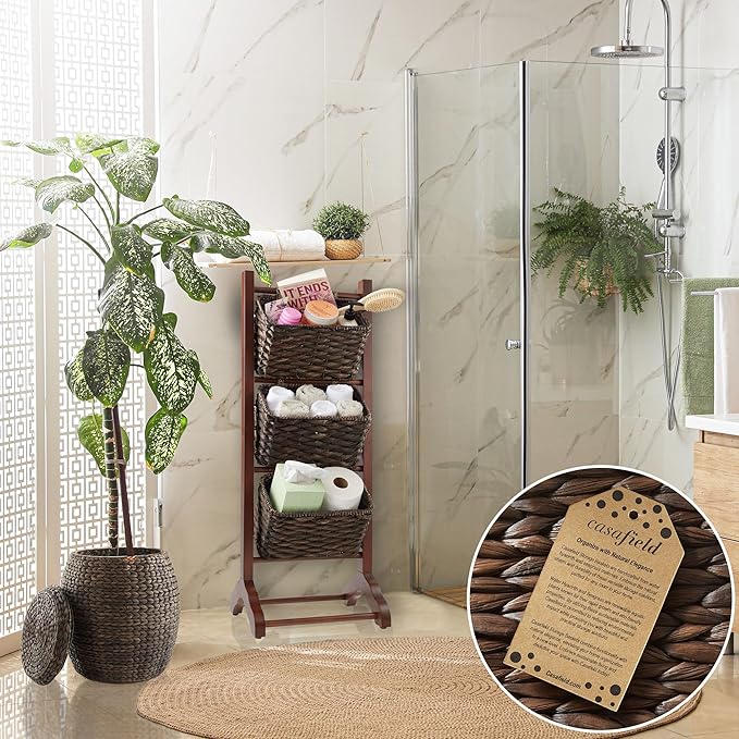Casafield 3-Tier Floor Stand with Water Hyacinth Storage Baskets, Walnut/Espresso - Standing Organizer Rack for Bathroom, Kitchen, Laundry, Living Room
