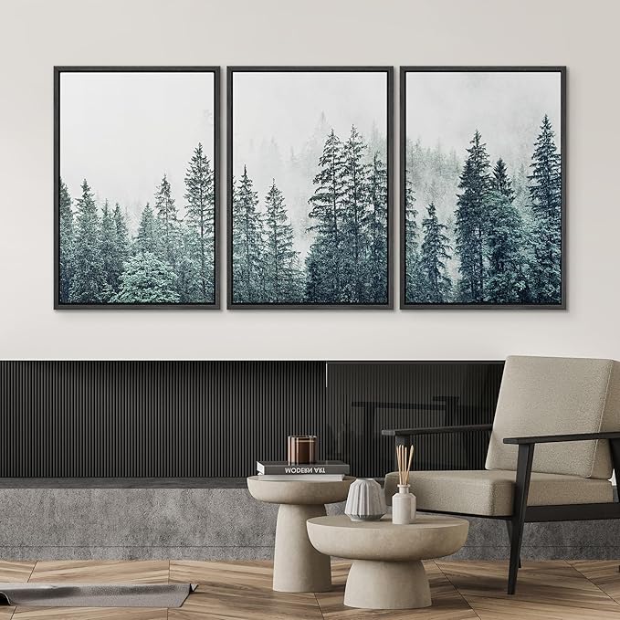 SIGNWIN Framed Canvas Print Wall Art Woodland Nursery Decor Set Film Grain Misty Mountain Pine Trees Nature Wilderness Modern Art Chic Landscape for Living Room, Bedroom, Office - 24"x36"x3 Black