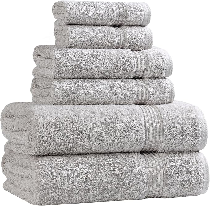 Superior Egyptian Cotton Towel Set, 6-Piece, Bathroom Essentials, Long Staple Combed Cotton, Absorbent, Fast Drying, Silver