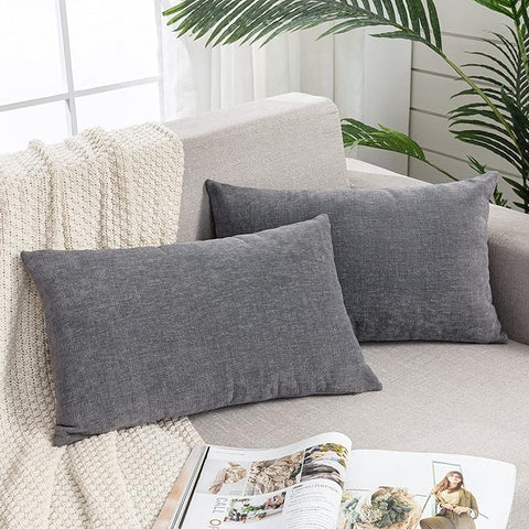 GAWAMAY Lumbar Support Pillow Decorative Rectangle Throw Pillow Covers 12"x20" Inch Set of 2, Soft Chenille Fall Pillowcase for Living Room Bedroom Sofa Couch Cushion Cover Grey 30x50cm (No Insert)