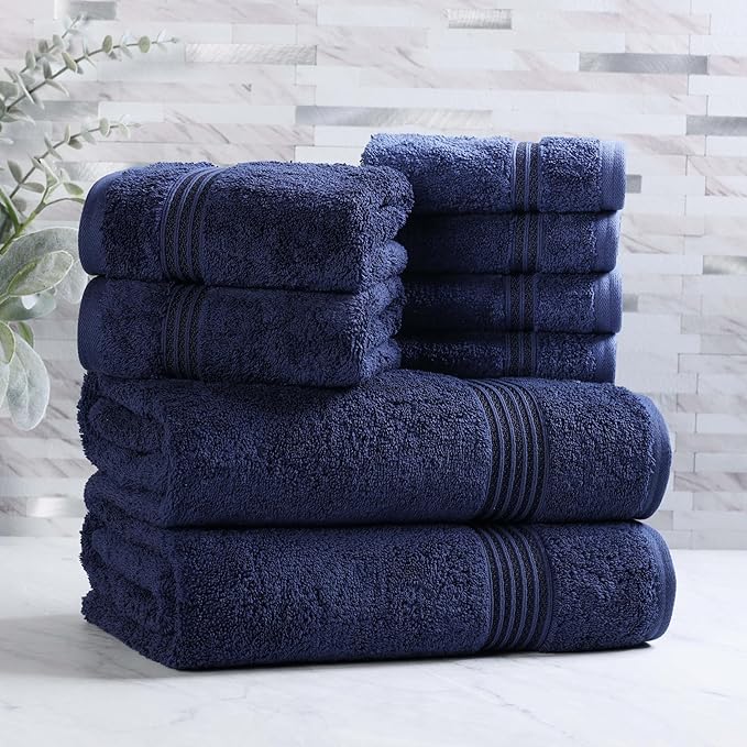 Superior Egyptian Cotton 8-Piece Towel Set, Assorted Towels for Home Bathroom, Master, Guest Bath, Decor Essentials, Includes 2 Bath, 2 Hand, 4 Face Towels/Washcloths, Quick Dry, Absorbent, Navy Blue