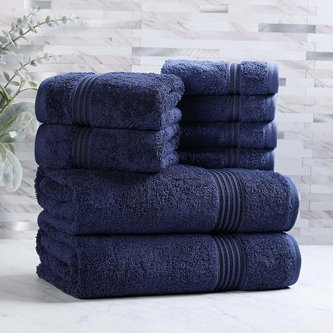 Superior Egyptian Cotton 8-Piece Towel Set, Assorted Towels for Home Bathroom, Master, Guest Bath, Decor Essentials, Includes 2 Bath, 2 Hand, 4 Face Towels/Washcloths, Quick Dry, Absorbent, Navy Blue