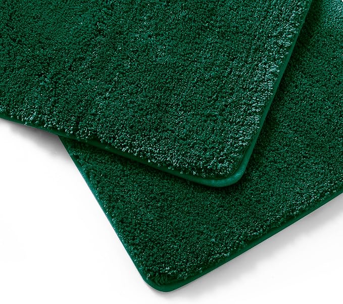 Bathroom Rug Set 2Piece, Thick &Soft Microfiber Shaggy, U Shaped Contour, Machine Washable Bath Mats, Absorbent Bath Rugs, Non-Slip Rubber Backing Bath Mat for Bathroom Floor, Tub and Shower,Green
