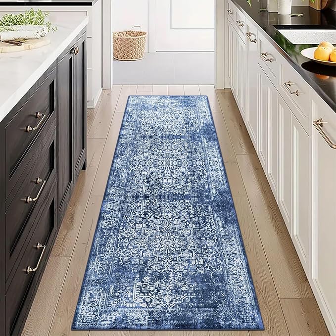 vivorug Runner Rug 2x10 Machine Washable Rug with Non-Slip Backing, Ideal for Kitchen Hallway Entryway Laundry Room - Vintage, Durable, Easy Clean, Low Pile Carpet Runner, Navy Blue