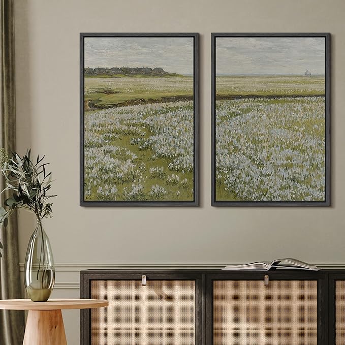 MUDECOR Framed Canvas Print Wall Art Fields of White Flowers Serene Nature for Home Decor Nature Wilderness Illustrations Realism Decorative Scenic for Living Room, Bedroom, Office - 16"x24"x2 Black