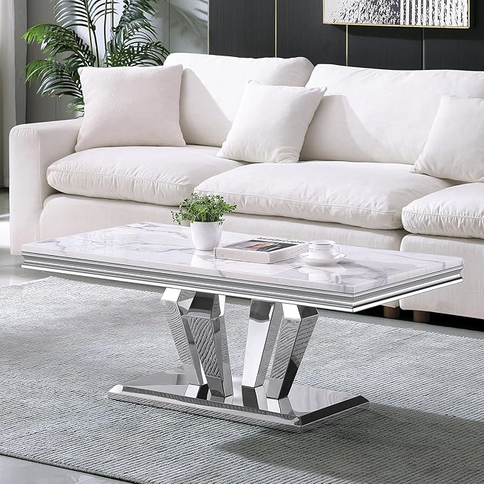 SSLine Rectangular Faux Marble Coffee Table for Living Room Modern Luxury White Marble Center Table with Silver Diamond Base 46.8" Mid-Century Cocktail Table with Mirrored Stainless Steel Frame