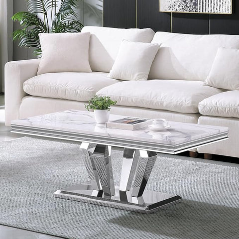 SSLine Rectangular Faux Marble Coffee Table for Living Room Modern Luxury White Marble Center Table with Silver Diamond Base 46.8" Mid-Century Cocktail Table with Mirrored Stainless Steel Frame