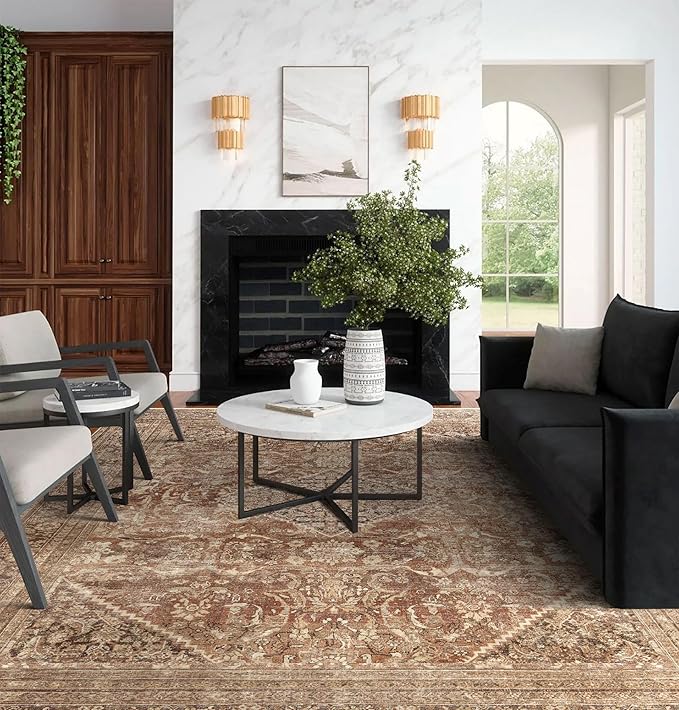 vivorug 9x12 Area Rugs for Living Room, Non Slip Machine Washable Vintage Rug, Ultra-Thin Lightweight Large Area Rug for Bedroom, Dining Room, Low Pile Rug Earth Tone