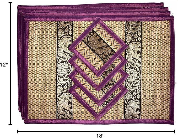 Hand-Woven Wicker Reed Placemats Coaster Set Eco-Friendly Alternative to Plastic Heat Resistant Thai Style Durable Easy to Clean for Dining Table Set of 4 (Medium, Purple)