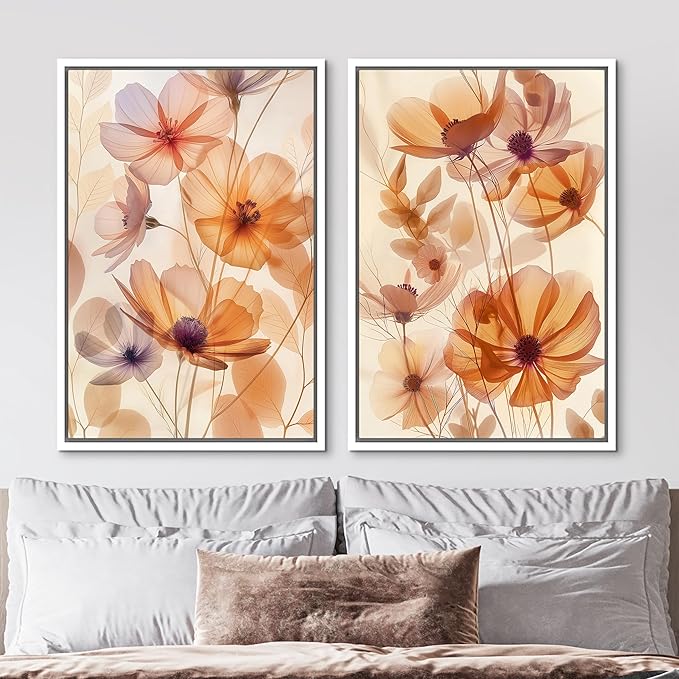 MUDECOR Framed Canvas Print Wall Art Orange Purple Wildflower Botanical Illustrations Modern Art Decorative Bohemian Colorful Chic for Living Room, Bedroom, Office - 16"x24"x2 WHITE