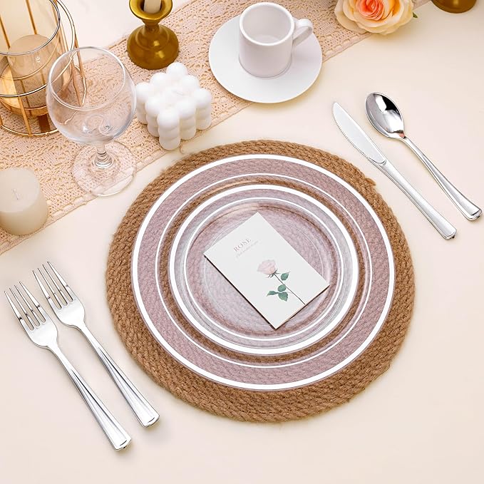 100PCS Clear Plastic Plates for Party, 10.25 Inch Heavy Duty Dinner Plates with Silver Rim, Disposable Plates for Wedding and Birthday