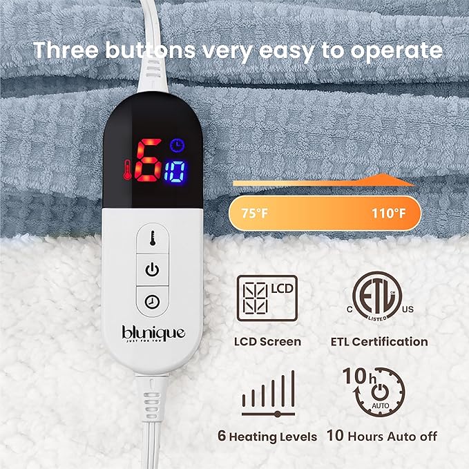 Electric Blanket Striped Twin, 72x84 Inches Sherpa Fleece Fast Heating Blanket 6 Heating Levels & 10 Hours Auto Off ETL Certification,Haze Blue Full