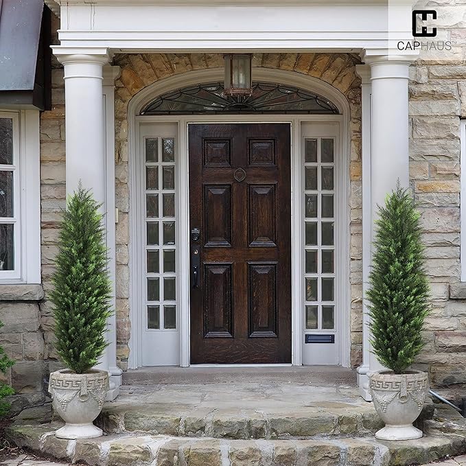 CAPHAUS 5 FT Artificial Cedar Tree Set of 2-60 Inch UV Resistant Faux Topiary Trees with Dried Moss for Indoor/Outdoor | Porch, Patio & Garden Decor