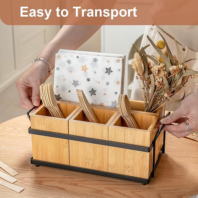 PTSTING Silverware Caddy Wood Holder Paper Plate Dispenser Utensil Caddy Cutlery Flatware Organizer Box for Spoons Forks Plates Napkins