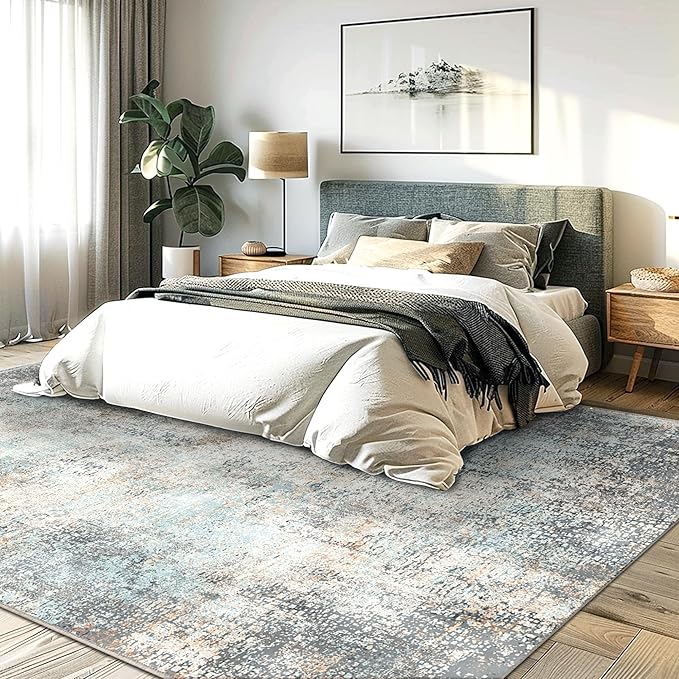GENIMO Washable Area Rugs for Living Room Bedroom, 10x14 Modern Abstract Non Slip Rug, Low Pile Soft Contemporary Indoor Floor Carpet Cover for Dinning Room Kitchen, Light Blue