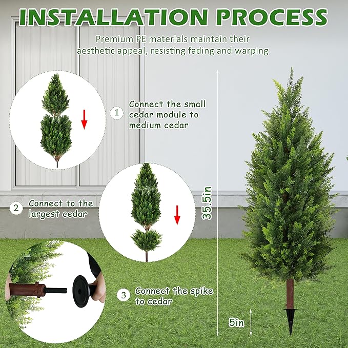 Sunnyglade 2 Packs 35.5" Artificial Cedar Tree, Fake Cedar Shrub Bushes Trees with Spike Faux Topiary Plants Tree for Indoor, Garden, Yard, Porch, Patio Decor (Cedar)