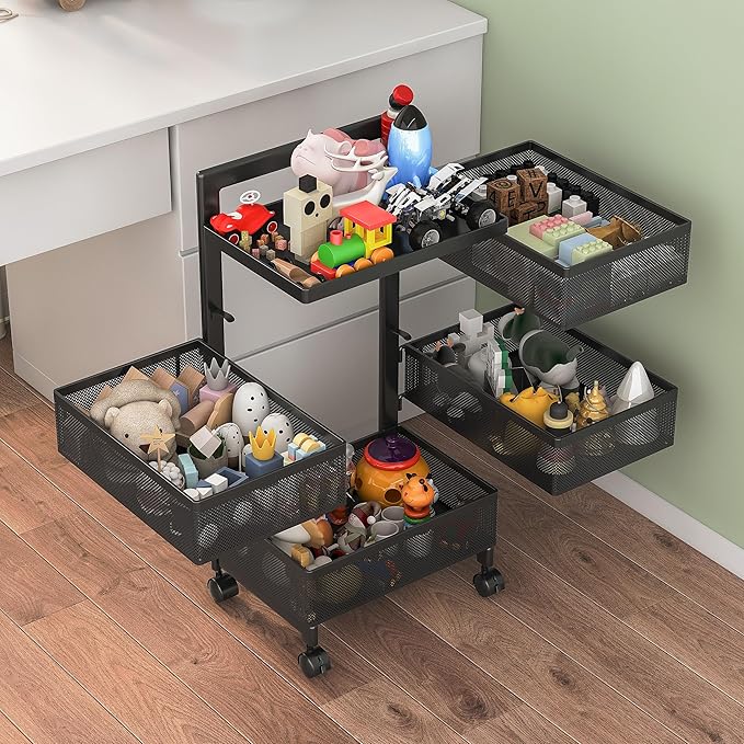 Bathroom Rotating Storage Cart No Assembly Required 4-Tier Metal Sturdy Fruit Basket for Kitchen, Rolling Vegetable Storage Rack,Bathroom Shelf,Storage Drawer Cart (Black, 4 Tier-Square)