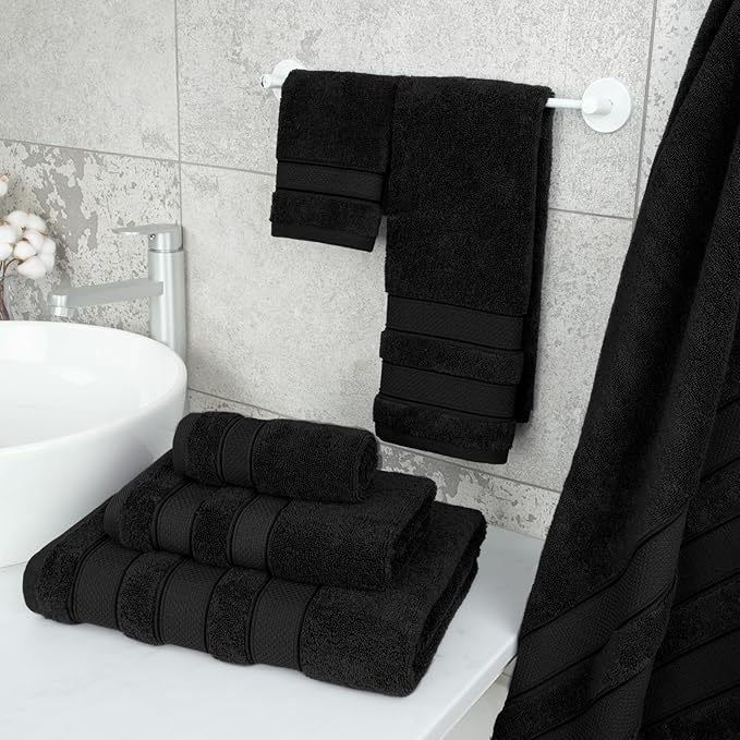 American Soft Linen Salem Turkish Bath Towel Set, 100% Cotton 600 GSM 6 Piece Towels for Bathroom, 2 Bath Towels 2 Hand Towels 2 Washcloths, Black