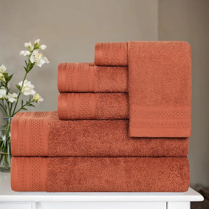 Superior Honeycomb Cotton Medium Weight Towels, for Guest Bath, Master Bathroom, Shower, Quick Dry, Adults, Home Essentials, Textured Waffle Border, Assorted Towel Set, 6 Piece Towel Set, Rust