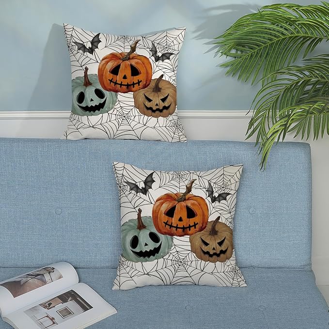 Halloween Decor Pillow Covers 18x18 Set of 2 Black Spider Web Orange Pumpkin Bat Throw Pillow Covers Outdoor Decoration Autumn Pumpkin Pillowcase Farmhouse Decorative Cushion Case for Home Sofa