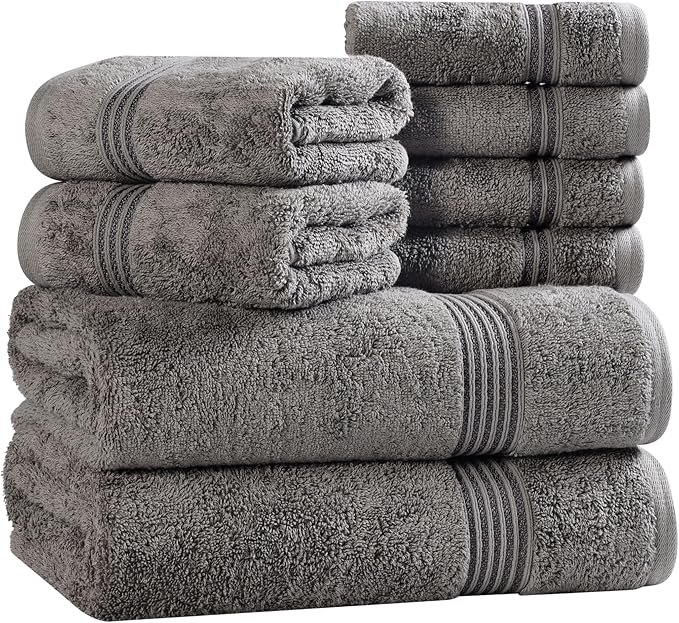Superior Egyptian Cotton 8-Piece Towel Set, Assorted Towels for Home Bathroom, Master, Guest Bath, Decor Essentials, Includes 2 Bath, 2 Hand, 4 Face Towels/Washcloths, Quick Dry, Absorbent, Charcoal