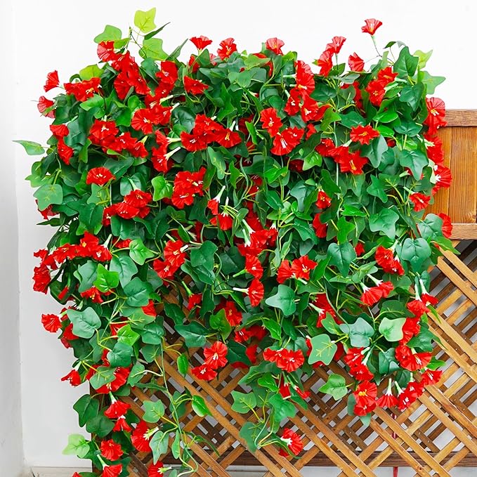 4 PCS Faux Hanging Plants Outdoor Artificial Hanging Red Flowers for Outdoors Faux Outdoor Plants for Planters Look Real for Outside Home Indoor Porch Patio Yard Decor