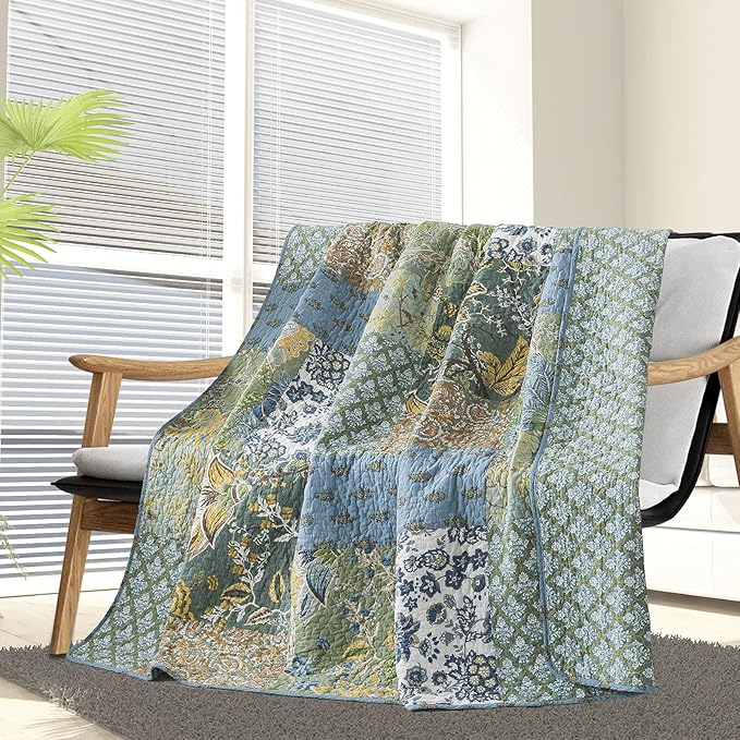 NEWLAKE Cotton Quilted Throw Blanket for Bed Couch Sofa, Reversible Matelasse Blanket with Real Stitched Embroidery,Green Farmhouse Garden,60X78 Inch