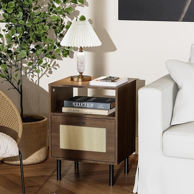 Rattan Nightstand with Storage Boho Modern Farmhouse Bedside Table with Drawer & Open Shelf Light Wood End Table for Bedroom, Living Room, Office, Dorm - Natural Walnut 0ak Color