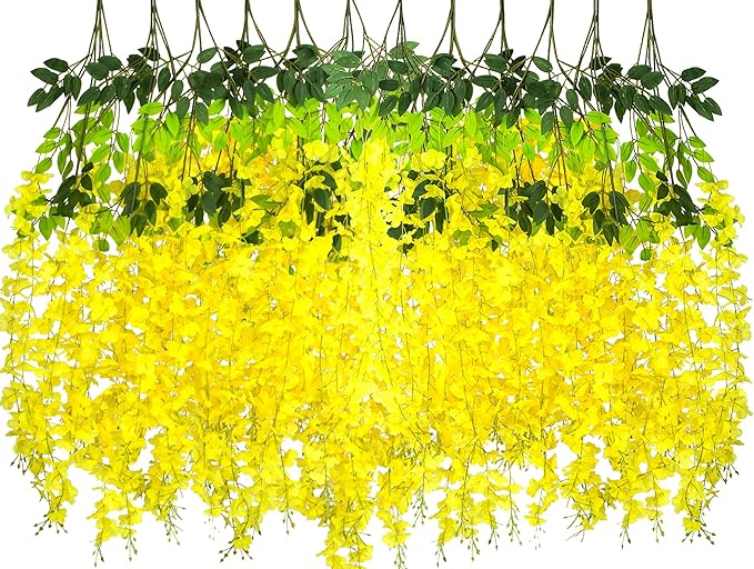 24 Pack Artificial Fake Wisteria Vine Ratta (3.75 Feet) Hanging Garland Silk Flowers String Home Party Wedding Decor (Yellow)