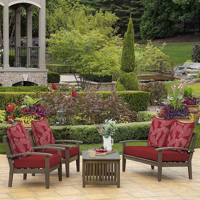 Arden Outdoor Deep Seat Cushion Set, 24 in x 24 in, Weather-Proof, Rain-Proof, Fade Resistant Patio Cushion for Chair, Sofa, and Couch Red Leaf Palm