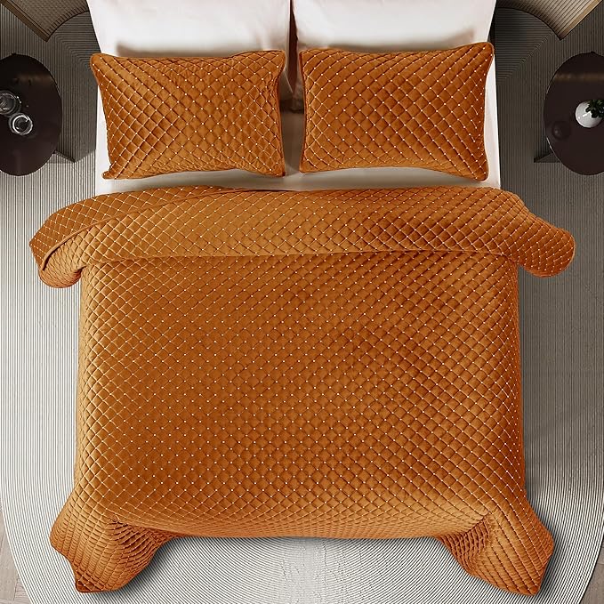 Velvet Quilt King Size, Luxury Reversible Coverlet Bedspread with Plaid Quilting for All Seasons, Lightweight King Size Quilt Bedding Set with Pillow Shams, Tangerine