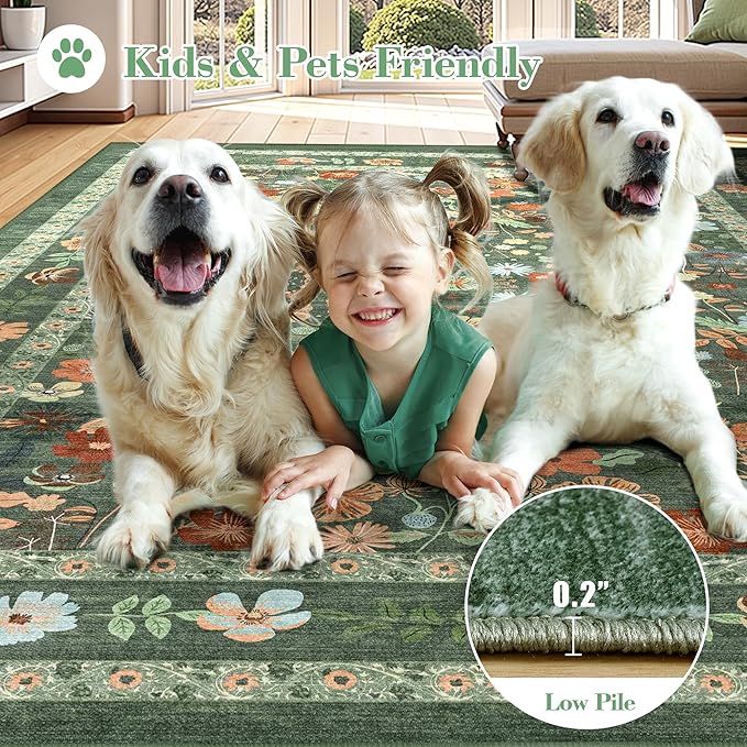Deerly Green Boho Floral Rug 6x9 Vintage Boho Washable Non-Slip Living Room Carpet Soft Low Pile Thin Bedroom Floor Mat Indoor for Dining Room Playroom Nursery Farmhouse, Green/Multi