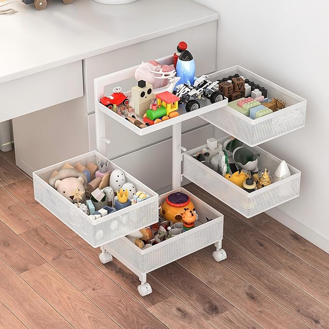 Fruit Basket for Kitchen No Assembly, Rolling Rotating Storage cart,Bathroom Shelf,Storage Drawer Cart for Bathroom,Metal Vegetable Rolling cart(Bright White, 4 Tier-Square)
