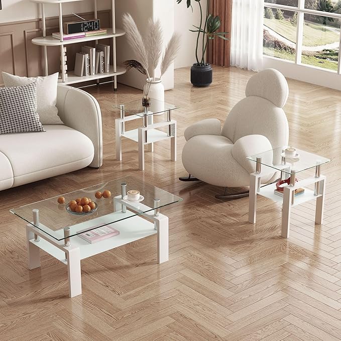 IANIYA 3 Piece Living Room Table Set, Modern Tempered Glass Coffee Table Set, Glass Coffee Table Black Metal Frame End Table for Living Room Apartment Small Space, White