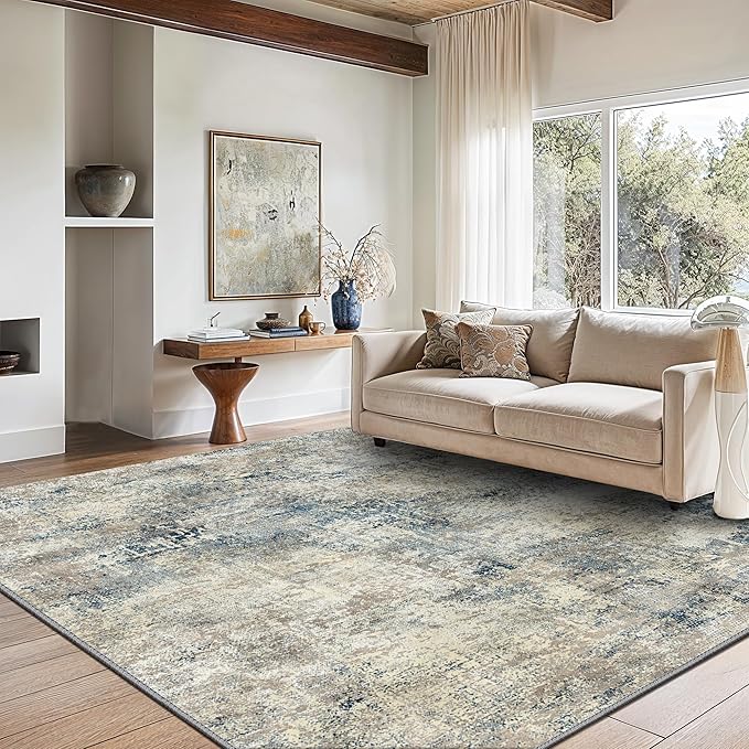 GENIMO Washable Area Rugs for Living Room Bedroom, 9x12 Modern Abstract Non Slip Rug, Low Pile Soft Contemporary Indoor Floor Carpet Cover for Dinning Room Kitchen, Light Gray Blue