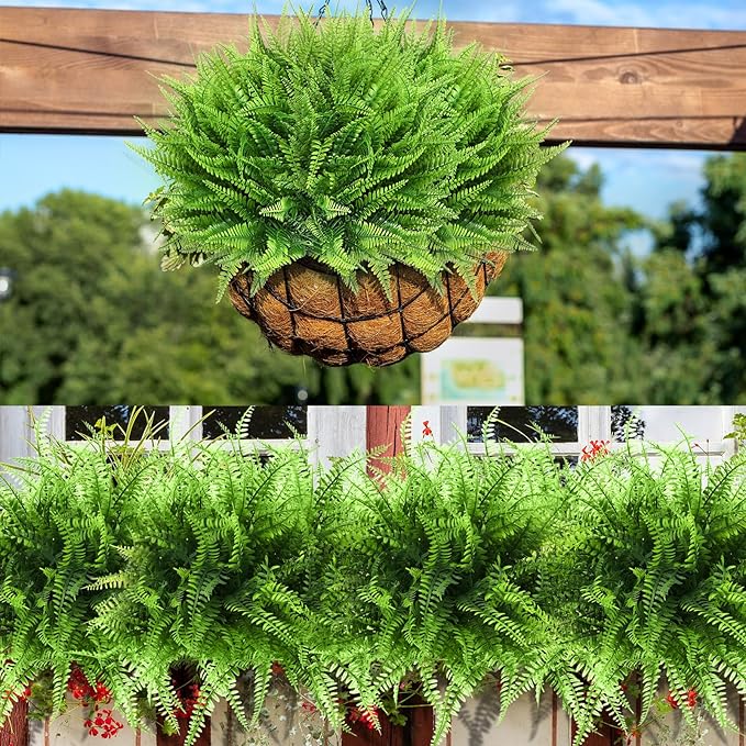 Zeyune 56 Bundles Artificial Plants Outdoors Fake Boston Fern Shrubs UV Resistant Faux Plastic Greenery Shrubs for Outdoor Indoor Garden Porch Window Hanging Planter Decor