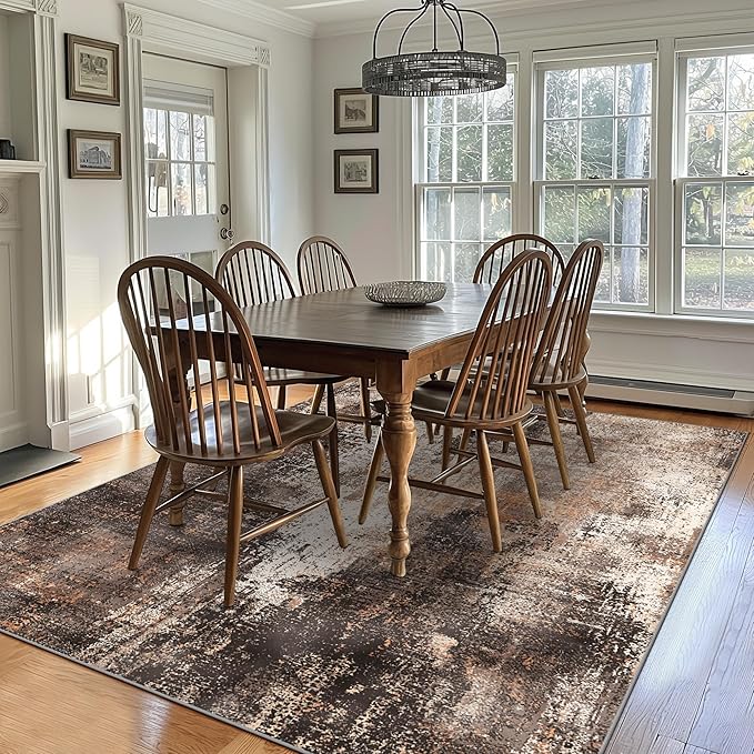 GENIMO Washable Area Rugs for Living Room Bedroom, 9x12 Modern Abstract Non Slip Rug, Low Pile Soft Contemporary Indoor Floor Carpet Cover for Dining Room Kitchen, Brown