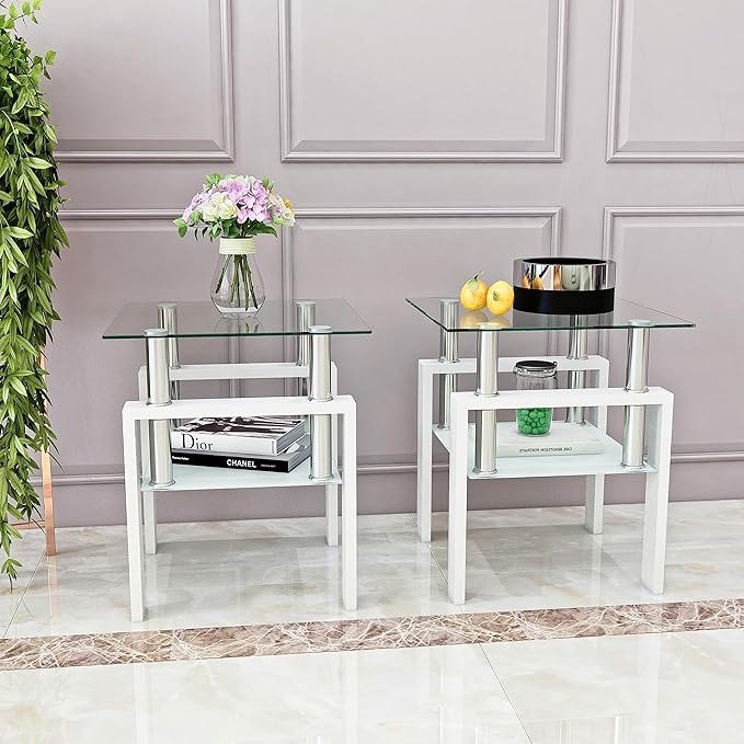 IANIYA 2PCS Modern Glass End Table, 2-Tier Side Table with Tempered Glass Top & Metal Legs, Night Stand Corner Table for Living Room, Bedroom, White