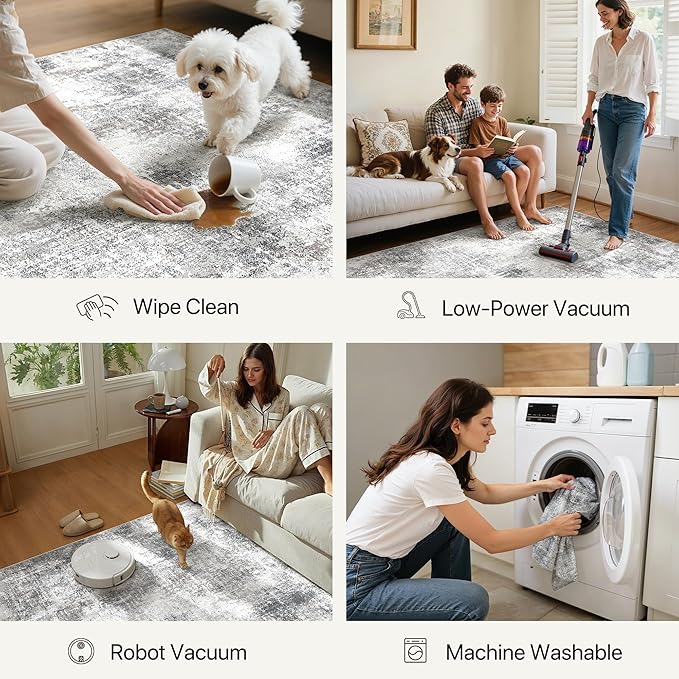 GENIMO Washable Area Rugs for Living Room Bedroom, 10x12 Modern Abstract Non Slip Rug, Low Pile Soft Contemporary Indoor Floor Carpet Cover for Dining Room Kitchen, Grey