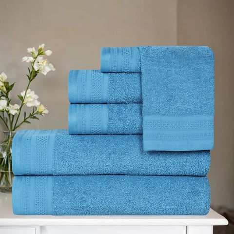 Superior Honeycomb Cotton Medium Weight Towels, for Guest Bath, Master Bathroom, Shower, Quick Dry, Adults, Home Essentials, Textured Waffle Border, Assorted Towel Set, 6 Piece Towel Set, Azure