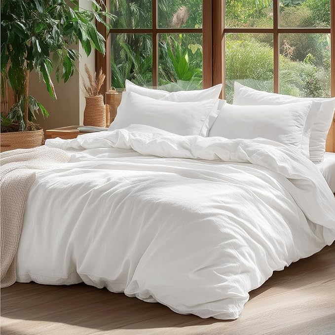 Bedsure 100% Washed Cotton Duvet Cover Cal King - Natural White Minimalist Cotton Duvet Cover Linen Like for All Seasons - GentleSoft™ Plain Simple Bedding, 3 Pieces (White, California King, 104"x98")