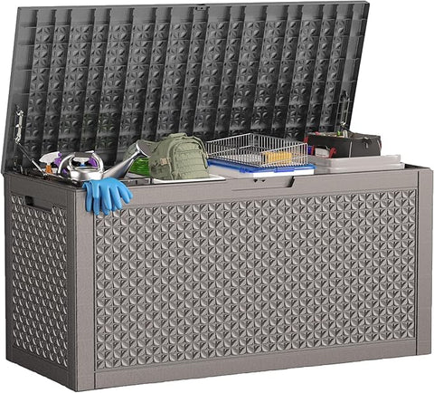 ROJIK Outdoor Storage Housing Deck Box - Waterproof Patio Furniture, Garden Tools, Cushions, Pool Accessories Storage Bench with Lockable Lid and Side Handles (Grey pattern,100 Gal)