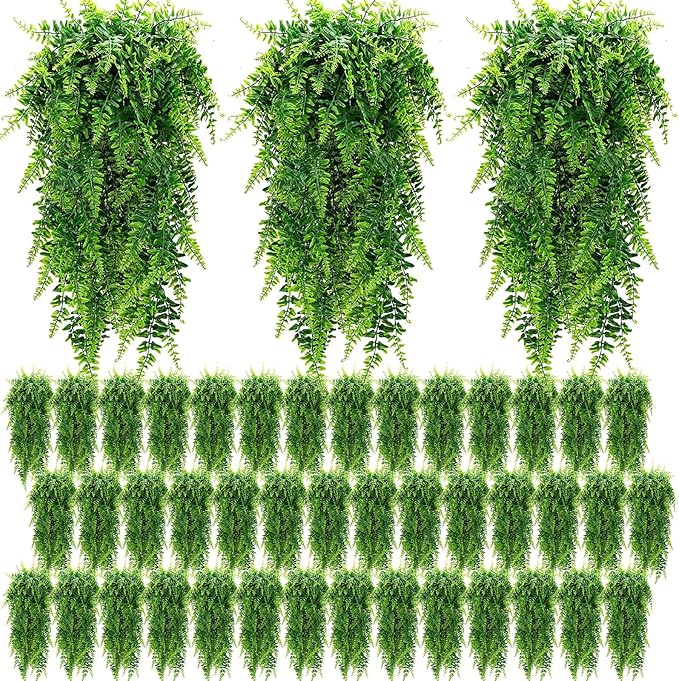 Geosar 88 Pcs Artificial Hanging Plants 32 Inch Hanging Boston Ferns Plastic Fake Plants for Wall Room Garden Wedding Garland Indoor Outdoor Decoration, No Basket