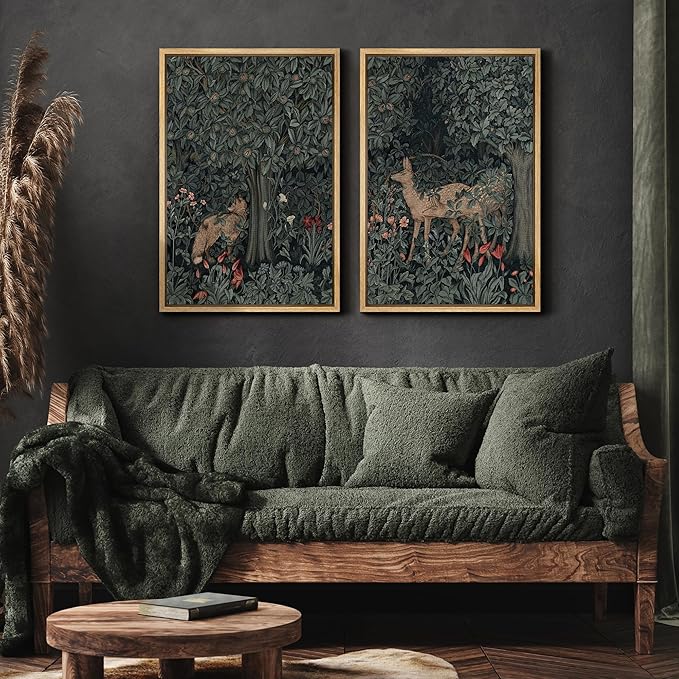 MUDECOR Framed Canvas Print Wall Art Enchanting Forest Wildlife Prints Deer & Fox in Woodland Nature Wilderness Illustrations Realism Decorative for Living Room, Bedroom, Office - 24"x36"x2 Natural
