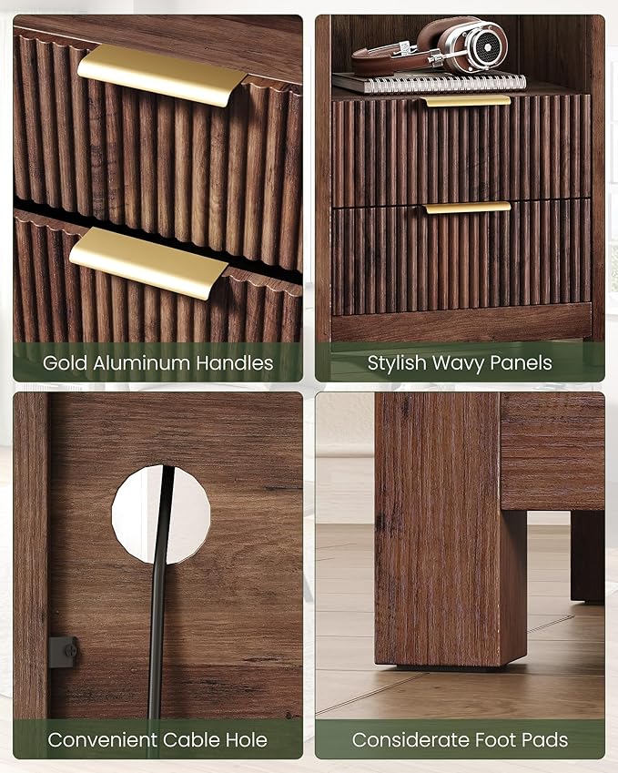 Fluted Nightstand, End Table with Charging Station and 2 Drawers, Farmhouse Nightstands with Fluted Panel, Engineered Wood Side Table for Bedroom Walnut MBZ06UHT