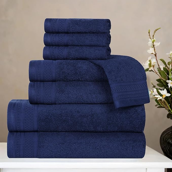 Superior Honeycomb Cotton Medium Weight Towels, for Guest Bath, Master Bathroom, Shower, Quick Dry, Adults, Home Essentials, Textured Waffle Border, Assorted Towel Set, 8 Piece Towel Set, Navy Peony