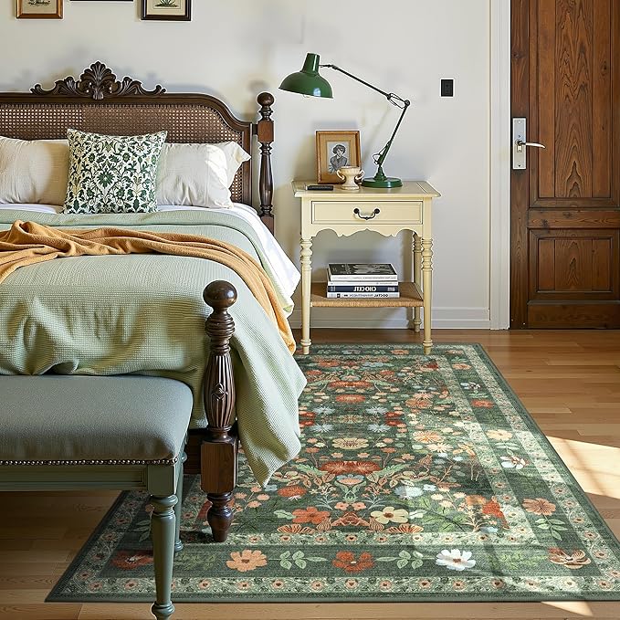 Green Floral Area Rugs 3x5 Small Thin Entryway Rug - Vintage Boho Washable Non-Slip Living Room Carpet Soft Low Pile Bedroom Floor Mat Indoor Home Decor for Dining Room Playroom Farmhouse, Green/Multi