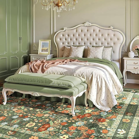 Deerly Green Washable Floral Rugs 8x10 Large Vintage Boho Non-Slip Living Room Carpet Soft Low Pile Thin Bedroom Floor Mat Indoor Home Decor for Dining Room Playroom Nursery Farmhouse, Green/Multi