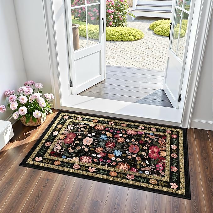 Deerly Entryway Rug 2x3 Rug Door Mat Indoor Entrance Black Vintage Boho Floral Rugs Washable Non-Slip Low Pile Throw Rugs Soft Thin Front Indoor Carpet for Kitchen Entryway Farmhouse, Black/Multi